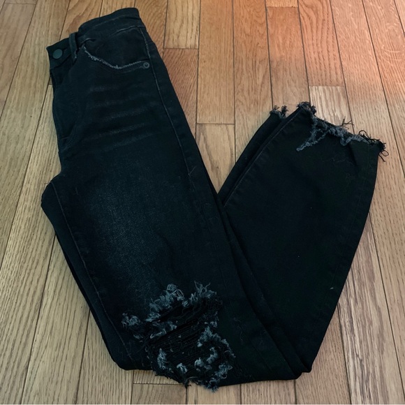 Good American High Rise Skinny Jeans Size 25 in Black Ripped Fray Hem - Picture 2 of 9